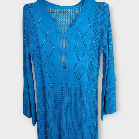 Kingspinner Womens Coverup Sz Medium Crochet Knit Swim Beach Dress Turquoise - Picture 3 of 13